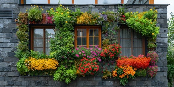 Professional vertical garden with colorful flowering plants decorating a modern home's exterior wall in Delhi